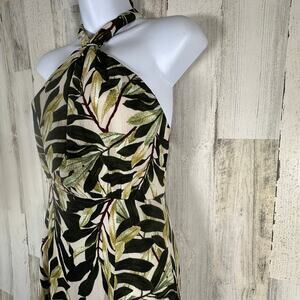 Dress Forum Tropical Maxi Dress S | Tan Green | Halter | Ruffle Hem | MSRP $88